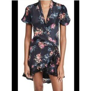 Rococo Sand Dark Blue & Pink Floral V-Neck Asymmetrical Mini Dress, Size Small